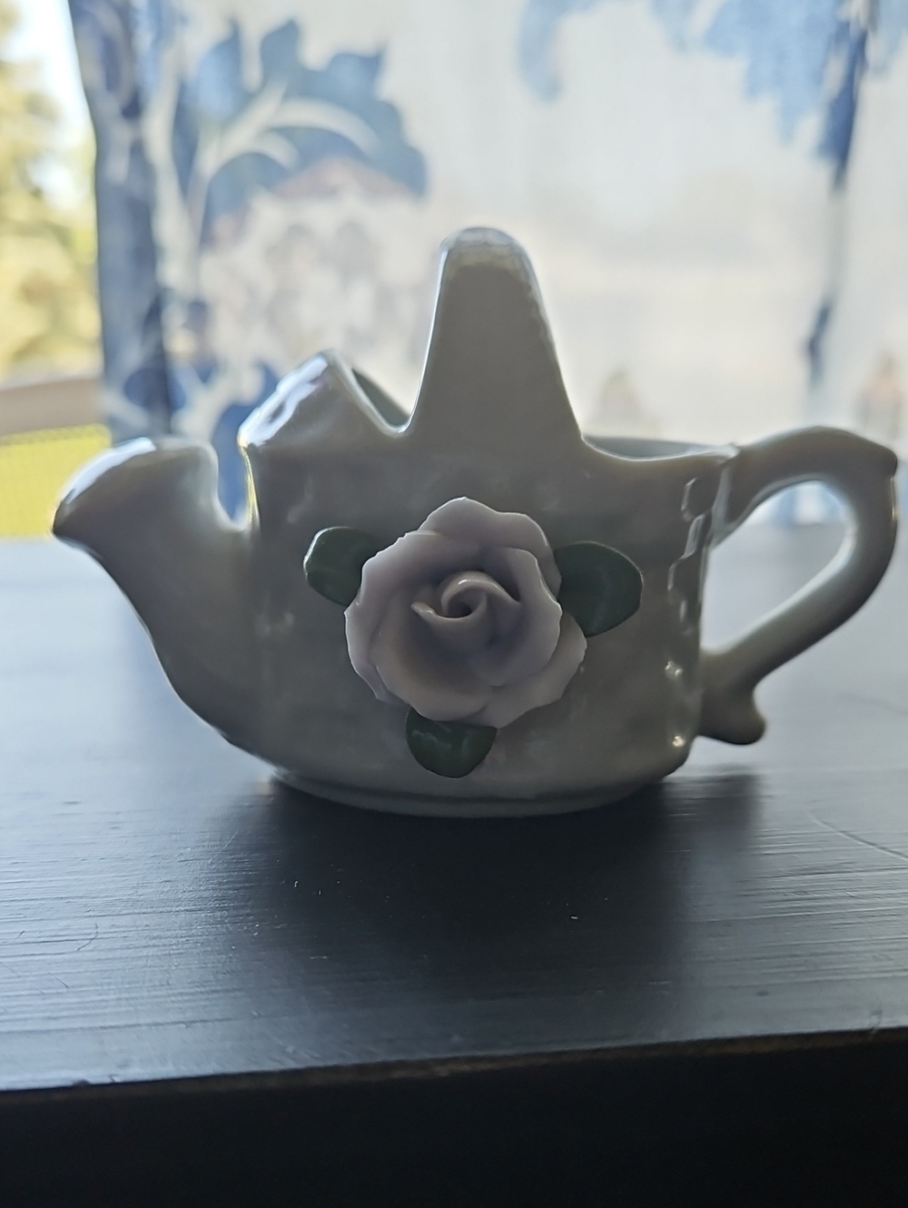 White Ceramic Teapot Figurine with Soft Lavender Rose Accent